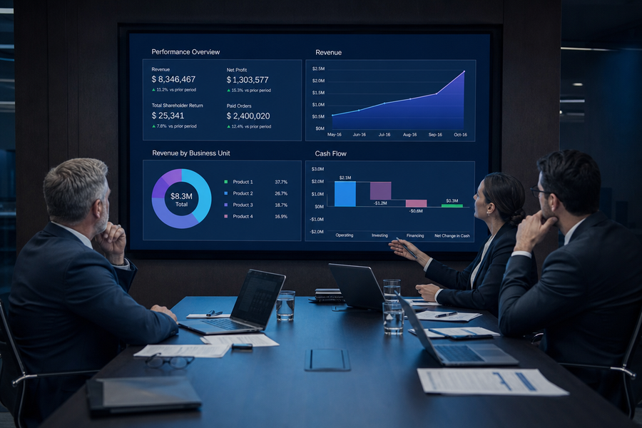 Conselho empresarial revisando indicadores consolidados do grupo